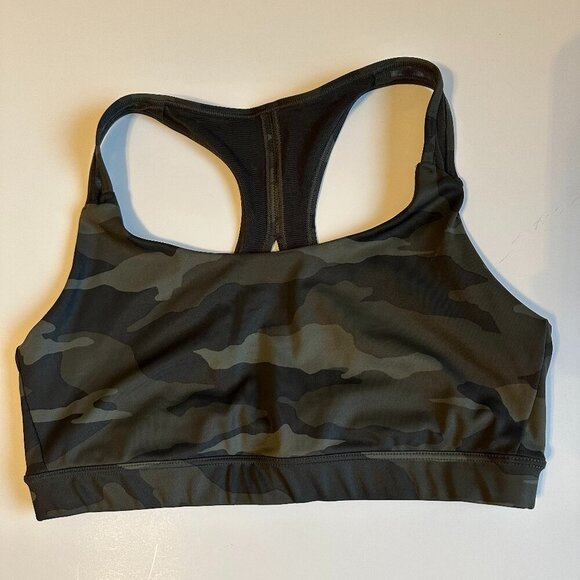 Athleta Contender Printed Sports Bra Size Medium Black Olive Camo - Picture 1 of 6